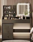 Makeup Vanity Desk with LED Mirror & Movable Storage Cabinet, 3-Tier Open Shelves, 5 Drawers, Adjustable 3-Color Lighting for Bedroom