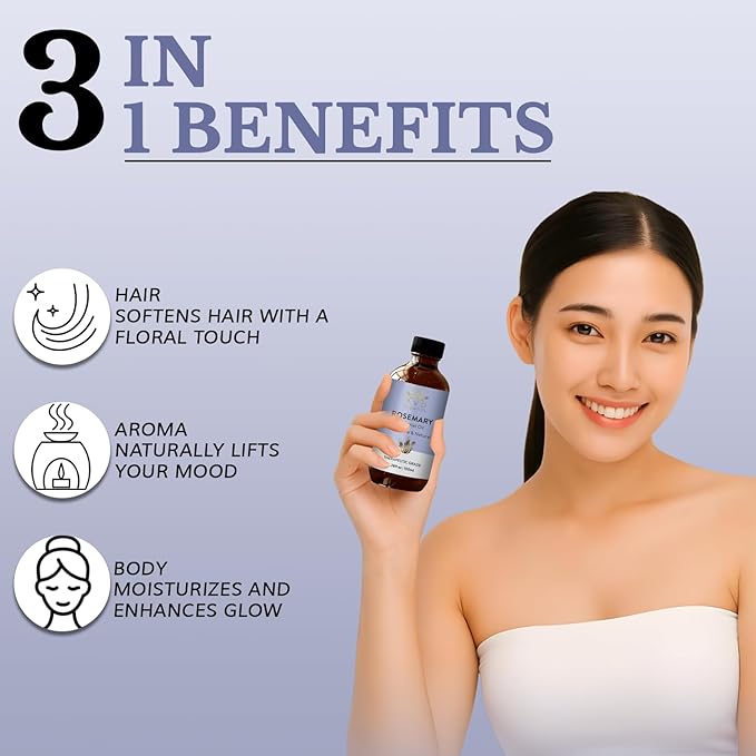 Rosemary Oil for Hair Growth | 100% Pure and Natural Rosemary Essential Oil | for Lotion Diffuser Skin & Hair | 3.38 fl. Oz