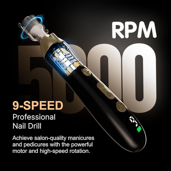 Electric Nail File Drill: Rechargeable Codless Nail Drill Set Kit for Acrylic Gel Dip Powder Nails, 9-Speed Professional Manicure Pedicure Machine, Portable and Lightweight for Home & Salon Use