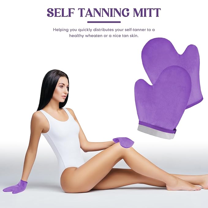 SATINIOR 4 Packs Self Tanning Mitt Applicators Double Sided Sunless Tanning Mittens Reusable Applicator Mittens Tanner Gloves with Thumb(Purple)