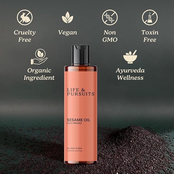 Life & Pursuits 100% Cold-Pressed Unrefined Sesame Oil - Nourishing Oil for Hair and Skin, Promotes Radiance, Moisture, and Healthy Growth for Men & Women (6.76 Fl Oz)