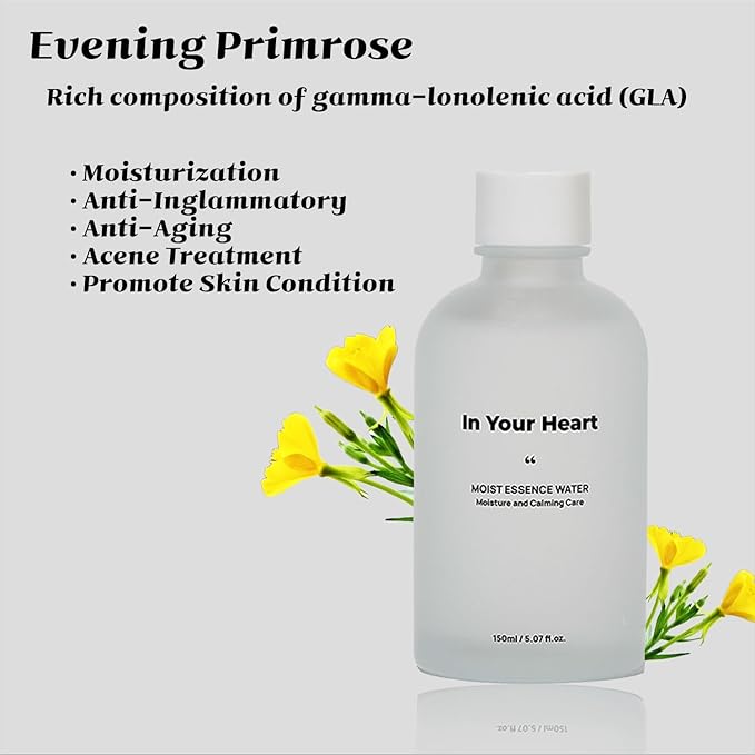 In Your Heart Evening Primrose Essence Water Hydrating Face Toner for Dry, Dull Skin. Korean Moisturizing Skin Care for Men and Women 5.07 fl.oz 150ml