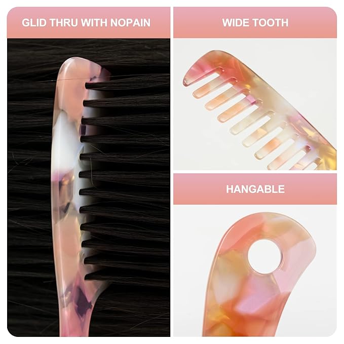 Large Wide Tooth Hair Comb, LADYAMZ [Tortoise Shell] Cellulose Acetate Round Tooth Comb for Straight/Curly Hair,Short/Long Hair Women Men or Kids, Easy Detangling Wet or Dry, Anti-static (Purple)