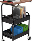 Rolling Cart with Wooden Tabletop, 3 Tier Metal Utility Cart, Rolling Storage Organizer Cart with Lockable Wheels for Kitchen, Office, Bedroom (Black)