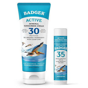 Badger Mineral Sunscreen Combo, SPF 30 Cream & SPF 35 Face Stick, Organic Ingredient with Mineral Zinc Oxide, Unscented Reef Safe Sunscreen Set, Broad Spectrum, Water Resistant, 2-Pack