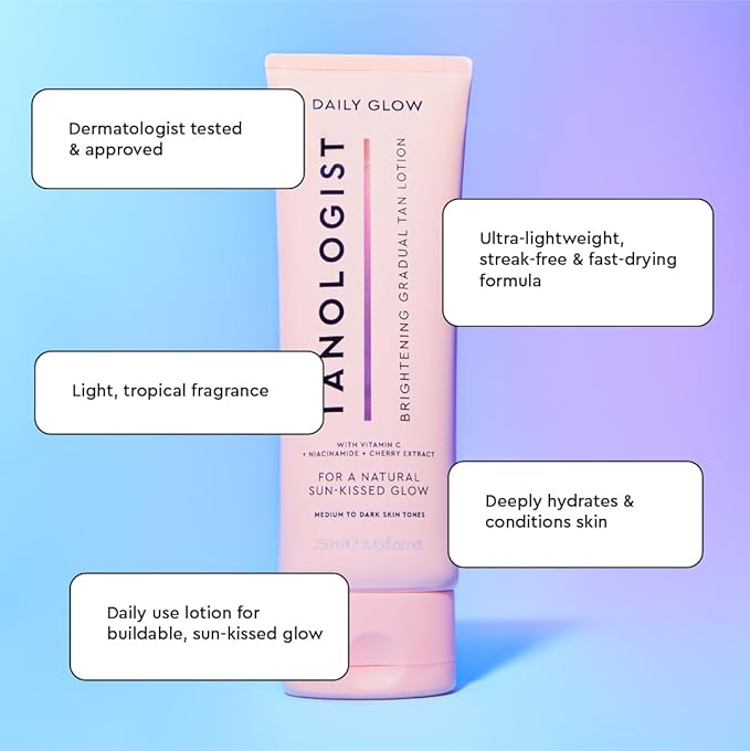 Tanologist Brightening Daily Glow - Medium/Dark - Illuminating Gradual Tan Lotion - Natural, Sun Kissed Glow - Daily Tanning Lotion with Vitamin C, Niacinimide & Cherry Extract - 8.45 fl oz