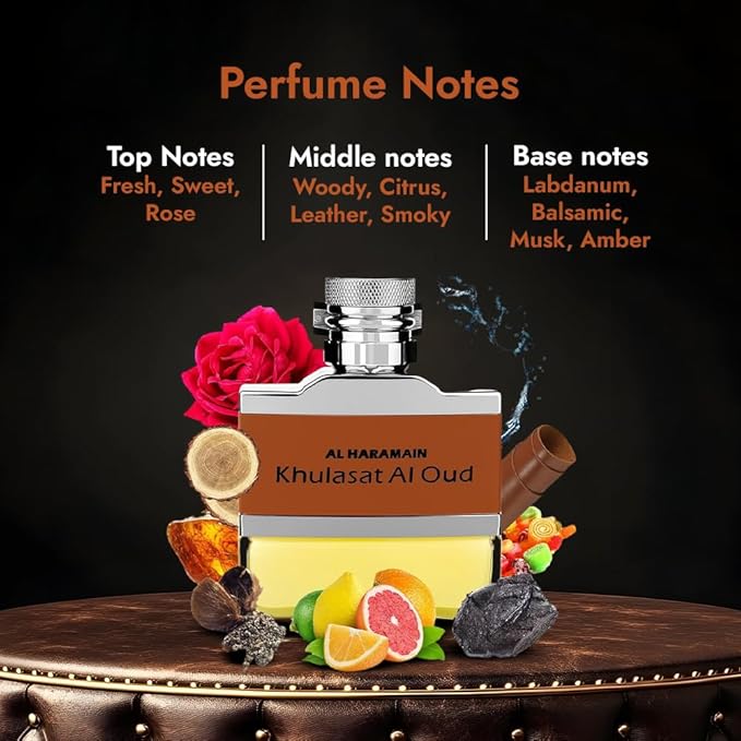 Al Haramain Khulasat Al Oud - Cologne for Men - Long Lasting Arabian Perfume for Men - Eau de Parfum Leather Fragrance with Rose, Amber and Musk- Arabic Perfume - 3.3 oz EDP Spray