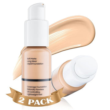Matte Full Coverage Liquid Foundation - Lightweight & Flawless Oil Control Foundation Makeup, Waterproof and Long-Lasting Skin Foundation Concealer for Dry and Oily Skin, 2 Fl Oz (2 Pack #102 Nude)