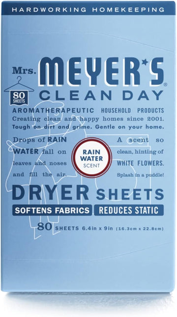 MRS. MEYER'S CLEAN DAY Dryer Sheets, Fabric Softener, Reduces Static, Infused with Essential Oils, Rain Water Scent, 80 Count