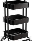 Pipishell 3 Tier Mesh Utility Cart, Rolling Metal Organization Cart with Handle and Lockable Wheels, Multifunctional Storage Shelves for Kitchen Living Room Office Black