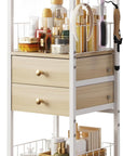 Makeup Organizer Cart, Rolling Floor Skincare Organizer and Storage with 2 Wooden Drawers, Cosmetics Display Cases Holder for Skin Care Perfume Hair Tools Nail Polish