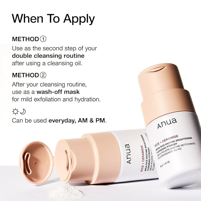 ANUA RICE ENZYME BRIGHTENING CLEANSING POWDER, Rice Mask, Ceramide, Gentle Face Wash for Brightening, Radiant Skin, Facial Cleanser for Dry Skin, Korean Skincare, Fragrance Free, 40g/1.41fl.oz.