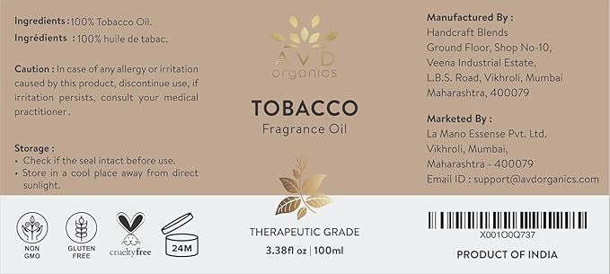 Tobacco Fragrance Oil 100ml | Premium Quality Fragrance Oil for Aromatherapy Diffuser Home Fragrance Soap & Candle Making| 3.38 fl. Oz