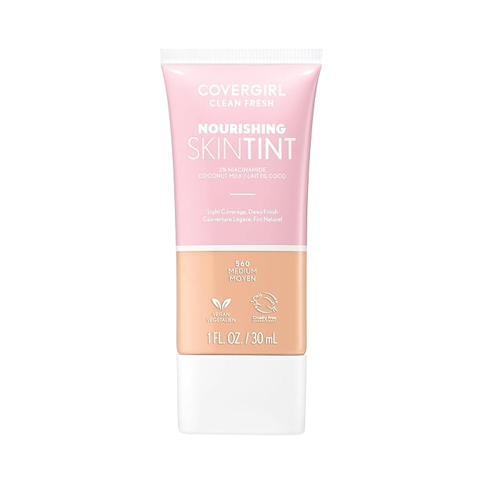 COVERGIRL Clean Fresh Nourishing Skin Tint, 560 Medium, Liquid Foundation, Dewy Finish, Infused with Coconut & Aloe, Vegan Formula