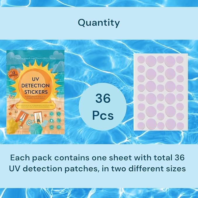 UV Stickers for Sunscreen - 36 PCS UV Detection Stickers, Kid Friendly Sun Protection Reminder, Sunscreen Patches, Summer and Beach Vacation Essentials (36)