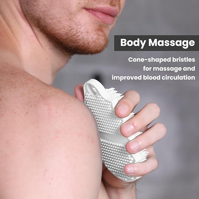 Silicone Body Scrubber Silver-Infused Dual-Sided 3-in-1 for Shower, Body Cleaning+Massage+Exfoliator Body Brush Buffer for Men and Women, Silicone Loofah, Non-Slip Handle (White)