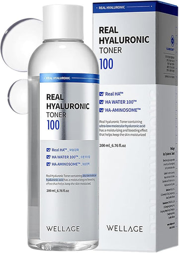 WELLAGE Real Hyaluronic Toner 100 - Korean Facial Toner with 93% Ultra Low Molecular Hyaluronic Acid - Moisturizing, Hypoallergenic, Skin Irritation-Free, K-Beauty Skincare, 6.76 fl.oz.