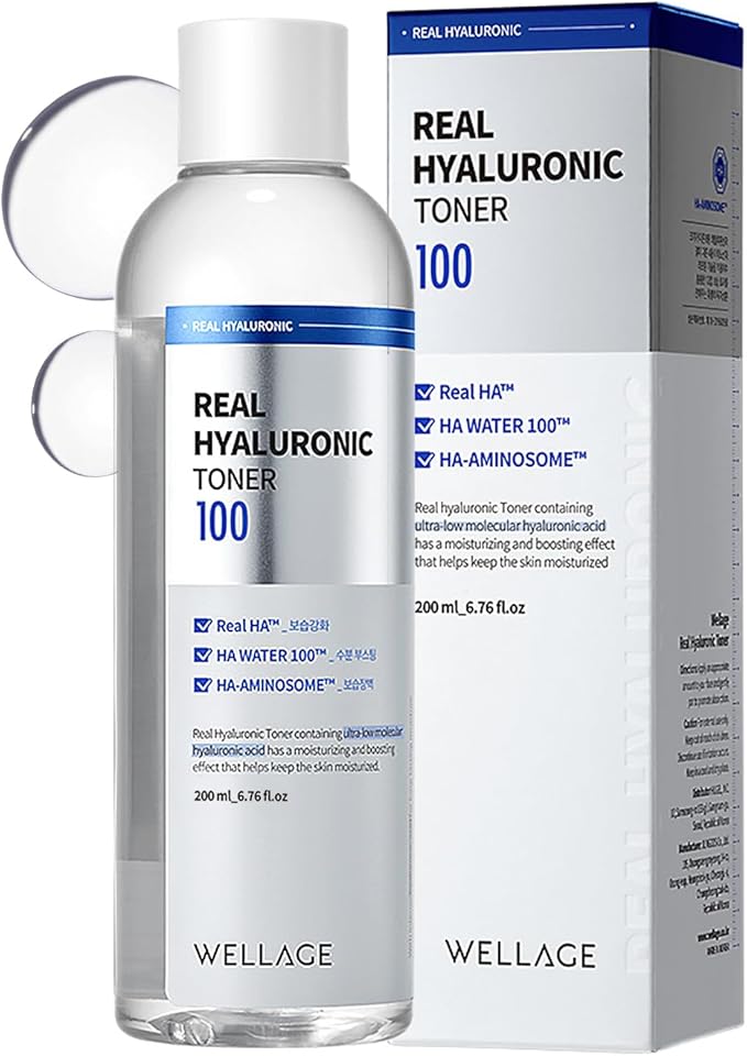 WELLAGE Real Hyaluronic Toner 100 - Korean Facial Toner with 93% Ultra Low Molecular Hyaluronic Acid - Moisturizing, Hypoallergenic, Skin Irritation-Free, K-Beauty Skincare, 6.76 fl.oz.