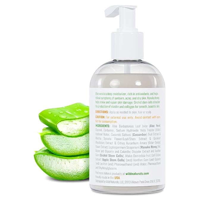 Wild Naturals 100% Pure Aloe Vera Gel with Manuka Honey – Organic Gel for Sunburn Relief, Acne, Scars & Dry Scalp – Moisturizing Gel for Face, Hair & Body