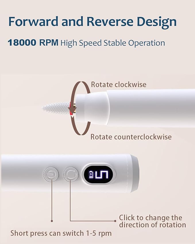 Electric Nail Drill & Gel Polish Remover - 5-Speed Cordless Nail File Filer Grinder - Rechargeable Manicure Kit for Acrylic Gel Nails Cuticle Callus Remover - Electric Nail Drill Buffers for Women