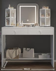 White Vanity Desk with LED Mirror & 360° Rotating Shelves - 3-Color Adjustable Lights, 2 Storage Drawers, Makeup Dressing Table for Bedroom, Women