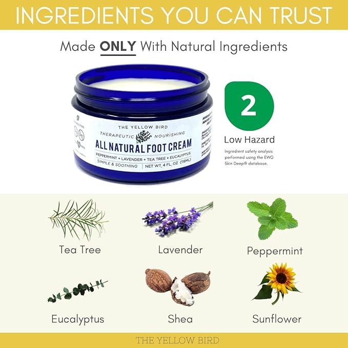 Yellow Bird Natural Foot Cream - For Dry and Cracked Feet Repair. Organic Athlete’s Foot Balm. Salve Moisturizer for Heel Care & Callus Treatment with Tea Tree Oil & Peppermint Essential Oils