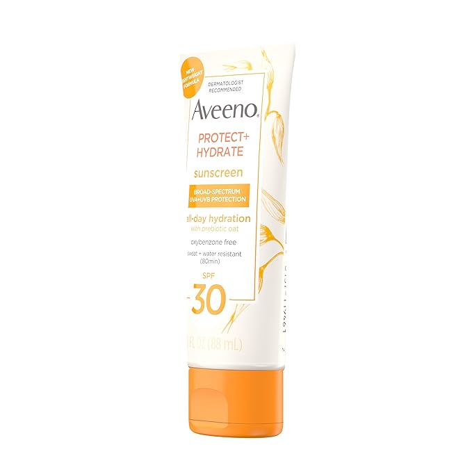 Aveeno Protect + Hydrate Moisturizing Sunscreen Lotion with Broad Spectrum SPF 30 & Prebiotic Oat, Weightless Sweat & Water-Resistant Full Body Sunscreen, Oxybenzone-Free, 3.0 fl. oz
