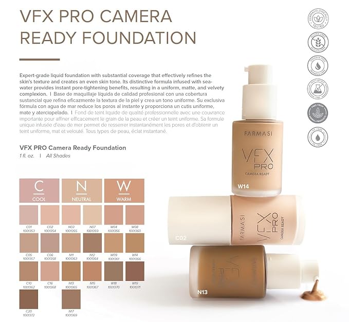 FARMASi Vfx Pro Foundation, Full Coverage Liquid Cream, Light 02 30 ml