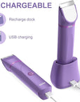 OLOV Electric Body Hair Trimmer - Groin Trimmer for Men - Bikini Trimmer Women - Wet/Dry Shaver Groomer, Replaceable Ceramic Blade Heads, USB Recharge Dock, Waterproof Hygiene Razor, Bright Purple