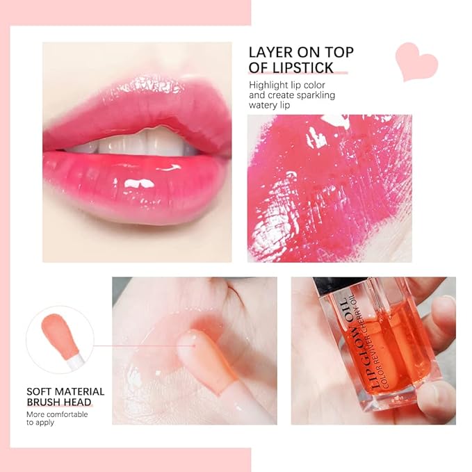 Plumping Lip Oil,Hydrating and Tinted Lip Balm,Nourishing Glow Oil for Lip Care, Transparent Non-sticky Big Brush Head Glitter Shine Primer Lip Tint(Raspberry)