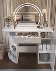 Vanity Desk with Mirror and Lights & Hidden Storage,3-Color Adjustable Lights, 4-Tier Open Shelves,Large Drawer, Extra-Wide 19.3" Desktop, White Dressing Table for Bedroom