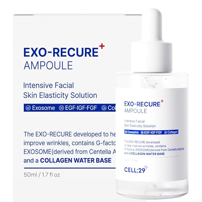 Exo-Recure Ampoule Exosome 10,000 PPM Collagen Water Fast Absorption Deep Hydration Rejuvenation Anti-Aging Glass Skin Pore Minimizer Skin Barrier KOREAN SKINCARE 50ml 1.71 Fl.Oz