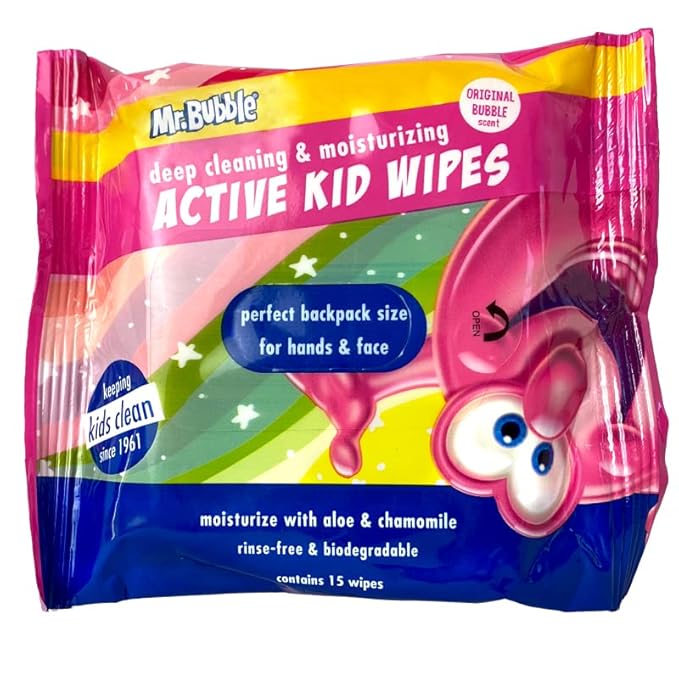 Mr. Bubble Moisturizing Kids Gentle Face and Hand Wipes, Travel Size Biodegradable Deep Cleaning Towelettes Made with Hydrating Aloe Vera and Chamomile (Pack of 12 Pouches, 15 Wipes Each)