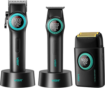 VGR Hair Clippers for Men Professional, T-Blade Trimmer Cordless Clippers and Trimmers Set, Electric Foil Shaver for Men with Double Foil, Rechargeable 3 Piece Men's Hair Cutting Kit, LED Display
