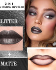 evpct Black Metallic Glitter Lip Liner and Lipstick Combo Lip Gloss Stain Set Makeup for Women Long Lasting Waterproof 24, Goth Gothic Halloween Metallic Shimmer Frosted Iridescent Liquid Lipstick 17