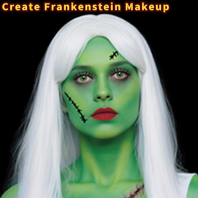 MEICOLY Complete Green Witch Makeup Kit,Wicked Costume Halloween SFX Frankenstein Makeup Set,Elphaba Green Face Paint for Character Cosplay Stage Performance Theater,Setting Powder,Yellow Face Paint