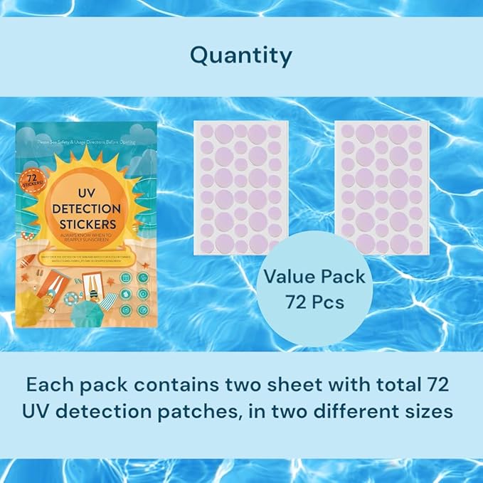 UV Stickers for Sunscreen - 72 PCS UV Detection Stickers, Kid Friendly Sun Protection Reminder, Sunscreen Patches, Summer and Beach Vacation Essentials (72)