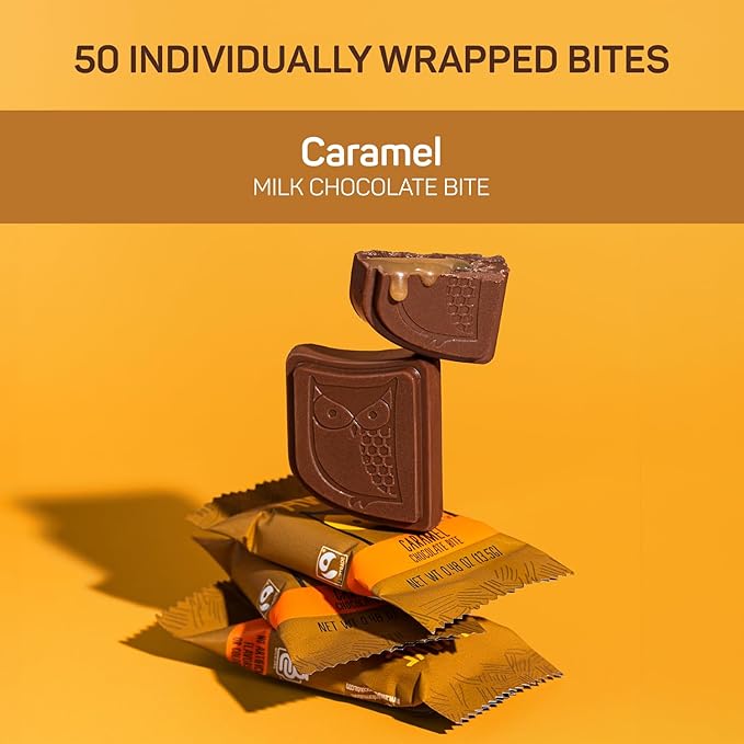 AWAKE - Caffeinated Chocolate Bites - Caramel Milk Chocolate, 50 Bites - 50mg Caffeine - Individually Wrapped Energy Bites - Coffee Alternative - Fairtrade, Gluten Free, Non GMO - 0.48oz