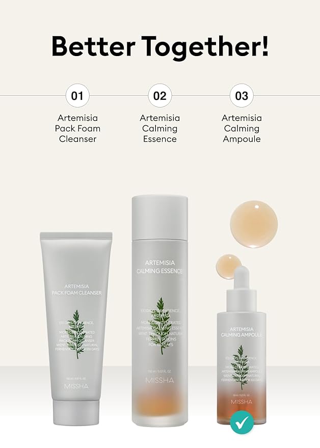 MISSHA Artemisia Calming Ampoule 1.69 Fl oz / 50ml - Face Serum for Sensitive Skin, Korean Skin Care with Double-Fermented Mugwort Extract, Soothes Redness, Acne & Irritation