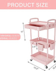 REBECAT 3 Tier Rolling Utility Cart with Drawer,Storage Cart,Rolling Cart for Kitchen,Bathroom,Living Room,Storage Organizer with Iron Wheels（Pink