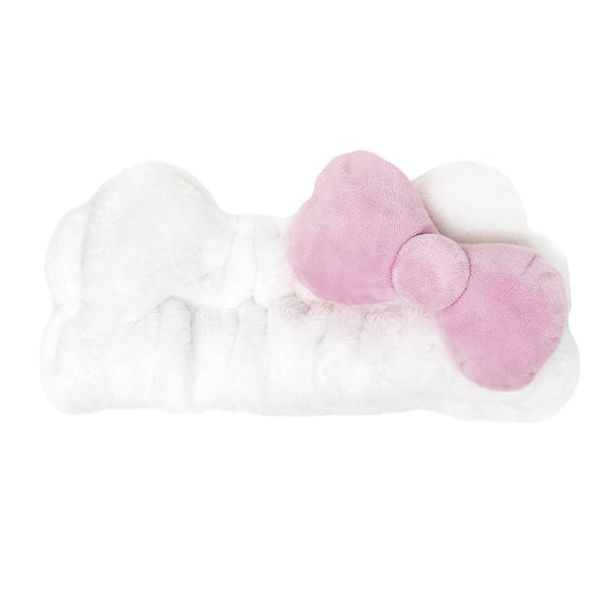 The Crème Shop Plush Spa Headband w/Hello Kitty's Signature Bow, Spa Headband for Washing Face, Skincare Headbands, Soft & Fluffy Headbands for Women (Pink)