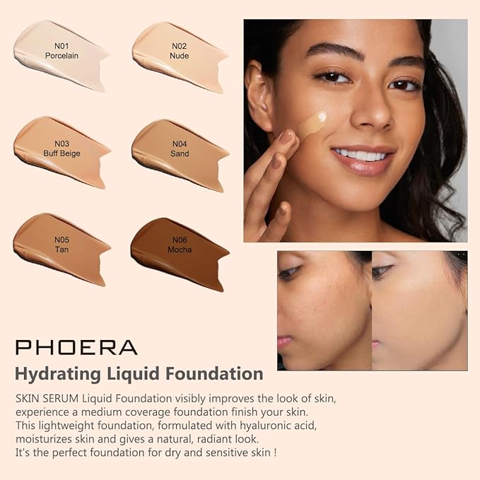 PHOERA Essence Foundation,Hydrating Waterproof and Light Long Lasting (N05 Tan)