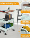 Rolling Cart with Wooden Tabletop, 3 Tier Metal Utility Cart, Rolling Storage Organizer Cart with Lockable Wheels for Kitchen, Office, Bedroom (Green)