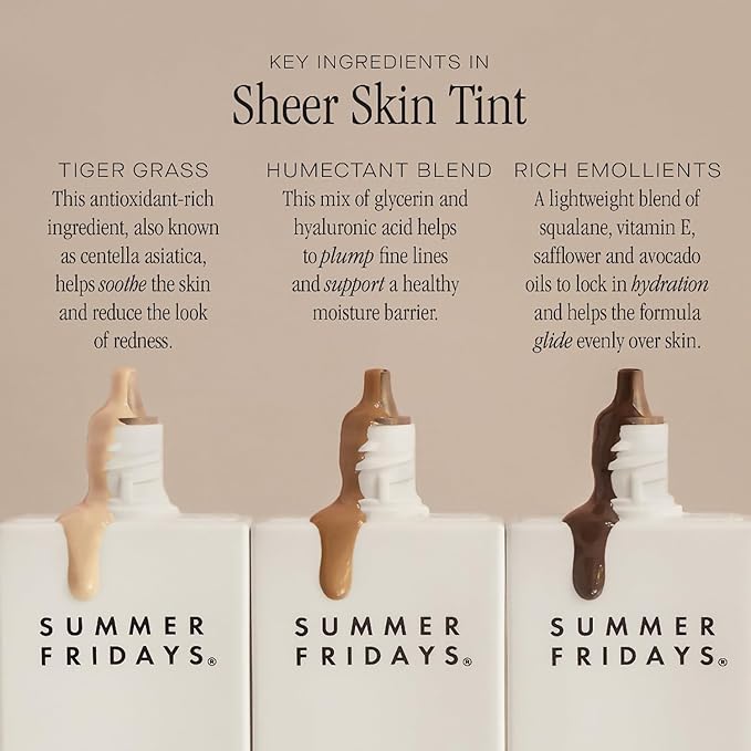 Summer Fridays Sheer Skin Tint - Tinted Moisturizer with Hyaluronic Acid - Helps Diminish Uneven Skin Tone - Sheer to Light Coverage - Shade 4.5 - Medium with Cool Peach Undertones (1 Fl Oz)