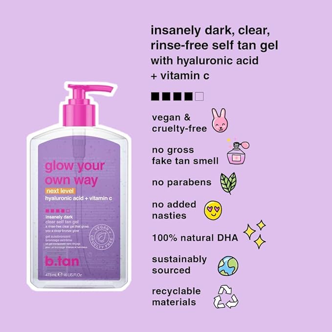 b.tan Insanely Dark Clear Self Tanning Gel with Mitt Kit | Glow Your Own Way Next Level Bundle - Quick Express Tanner for Face and Body with Applicator, Transfer-Proof, No Fake Tan Smell, 16 Fl Oz