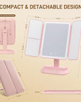Rechargeable Trifold Makeup Mirror with Lights, 1X/3X/5X Magnification, Cordless 3-Color LED Vanity Mirror for Travel & Desk, Up to 20H Use, Ideal Gift for Women & Teens - Pink