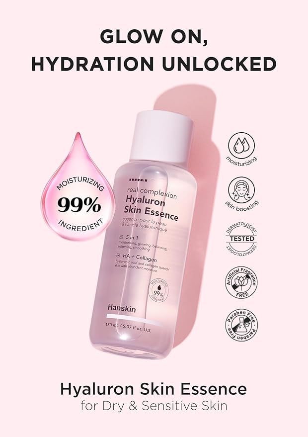 Hanskin Real Complexion Hyaluronic Skin Essence, Hydrating Toner for Dry, Dull, Sensitive Skin - Hyaluronic Acid Collagen Moisturizing Purifying Paraben-Free Korean Skincare for Face [5.07 fl. oz.]