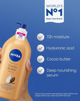 NIVEA Cocoa Butter Body Lotion for Dry Skin with Hyaluronic Acid, Cocoa Butter and Deep Nourishing Serum, 72-Hour Body Moisturizer, 33.8 Fl Oz Value Size Pump Bottle