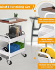 Rolling Cart with Wooden Tabletop, 3 Tier Metal Utility Cart, Rolling Storage Organizer Cart with Lockable Wheels for Kitchen, Office, Bedroom (White)