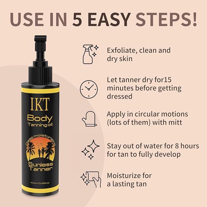 FUNAN Self Tanner Tanning Oil Kit, Deep Moisturizing Sunless Tanner with Application Mitt, Even & Natural Bronzing Self Tan for Face & Body, 3.38 fl oz